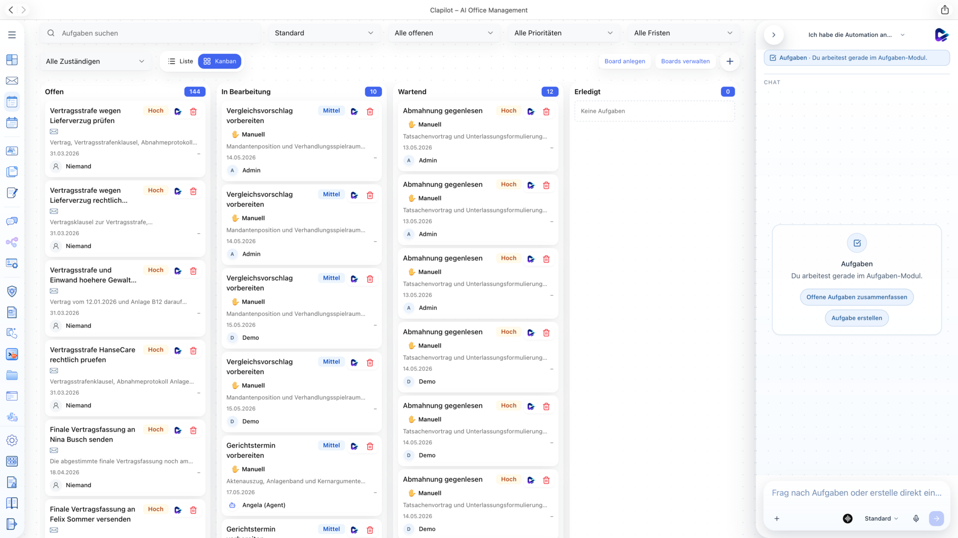 Clapilot Workspace mit verbundener Aufgaben- und Listenansicht