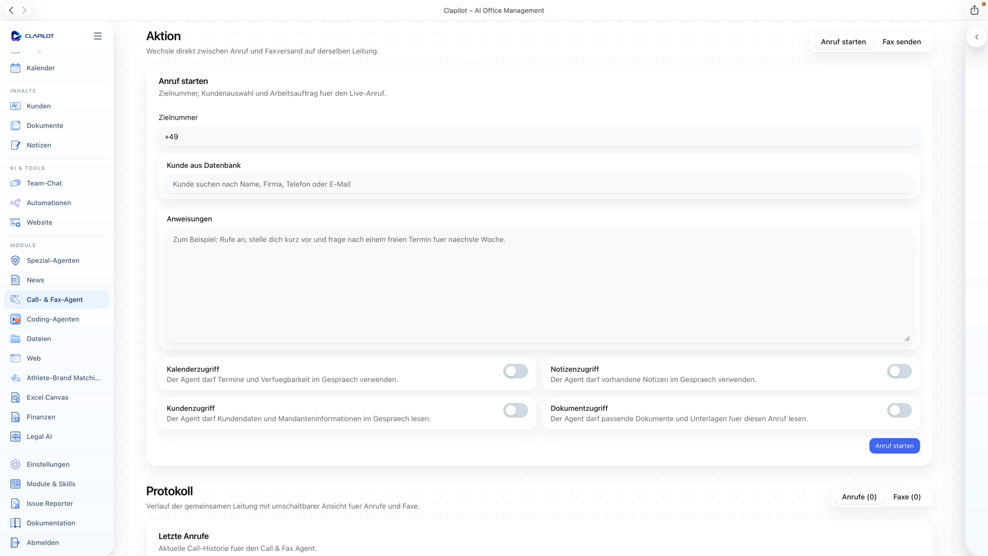 Clapilot Call Agent mit Anrufaktion und Notizen