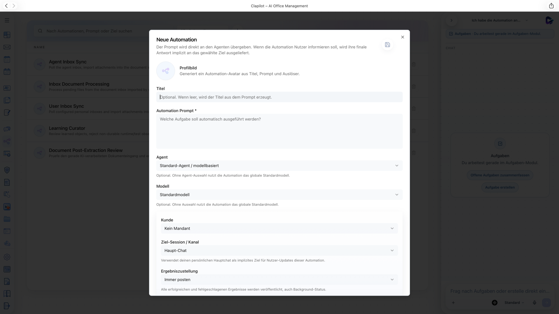 Clapilot Konfiguration eines automatisierten Prozesses