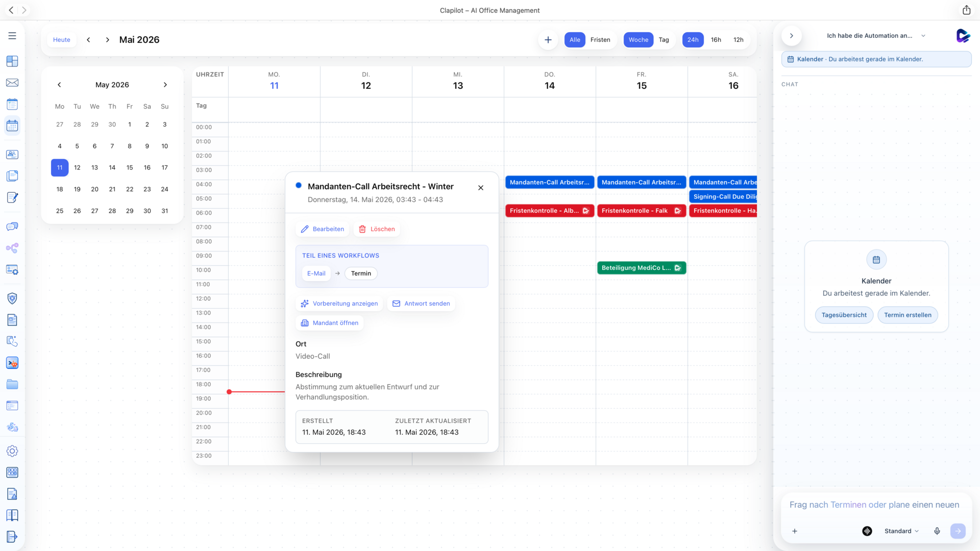 Clapilot Kalender mit Fristentermin und vorgeschlagenen Workflow-Aktionen
