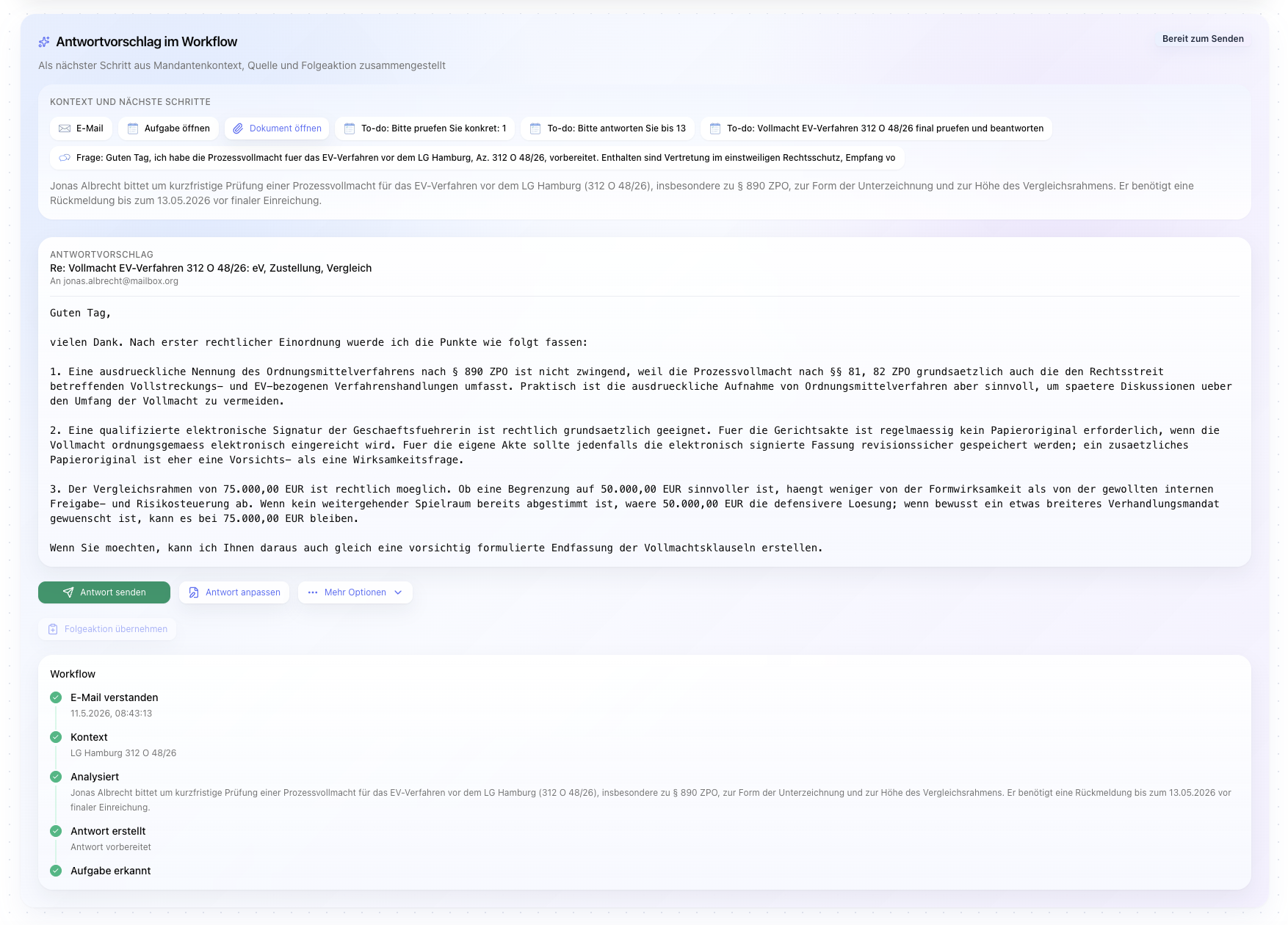 Clapilot Workflow mit erkannter E-Mail, Kontext, Aufgabe und vorbereitetem Antwortvorschlag