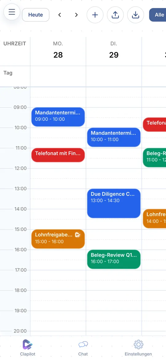 Clapilot-Kalender auf dem Smartphone in der Wochenansicht mit Terminen