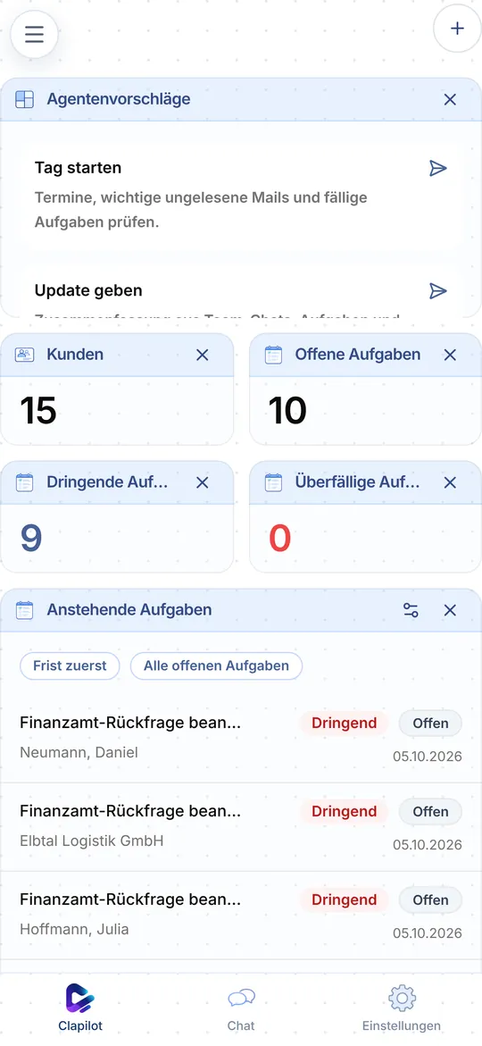 Clapilot-Dashboard auf dem Smartphone mit Agentenvorschlägen, Kennzahlen und anstehenden Aufgaben