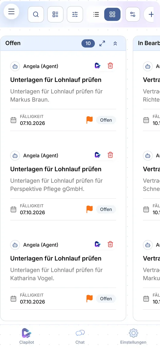 Clapilot-Aufgaben auf dem Smartphone als Kanban-Spalte mit offenen Aufgaben